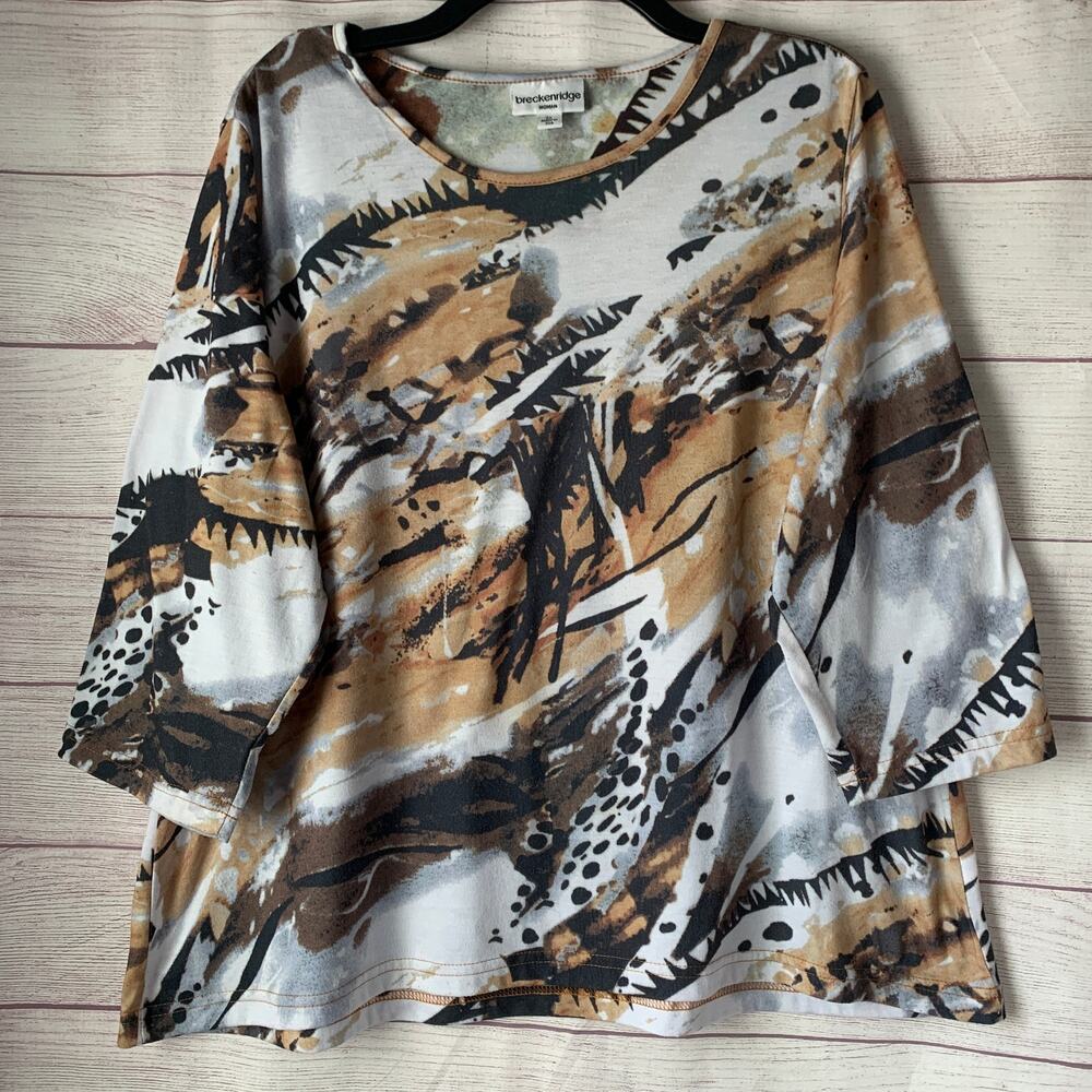 Breckenridge Woman Abstract Print Blouse 3/4 Sleeve Animal Earthy Size 2X